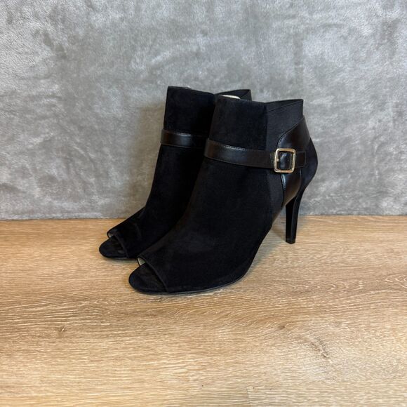 Marc Fisher Shimmee Black Suede Leather Peep Toe High Heels Women's Size 9 - Picture 1 of 10